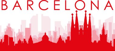 Kırmızı panoramik şehir gökyüzü posteri. BARCELONA 'nın, İspanya' nın kırmızı, şeffaf arka plan binaları.