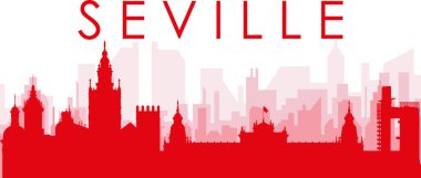 SEVILLE, SPAIN 'in kırmızımsı şeffaf arka plan binalarıyla kırmızı panoramik şehir silueti posteri