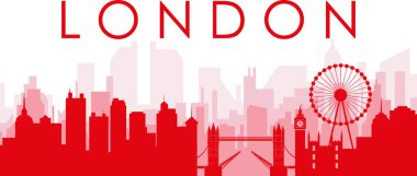 Kırmızı panoramik şehir silueti afişi. LONDON, UNITED KINGDOM 'un kırmızımsı saydam arka plan binaları.