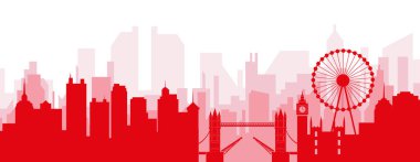 Kırmızı panoramik şehir silueti afişi. LONDON, UNITED KINGDOM 'un kırmızımsı saydam arka plan binaları.