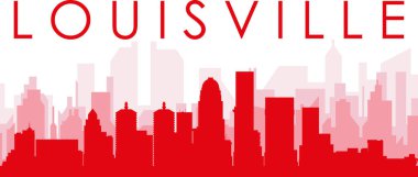 Kırmızı panoramik şehir silueti posteri, LOUISVILLE, Birleşik Devletler 'in kırmızımsı şeffaf arka plan binaları