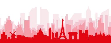 Kırmızı panoramik şehir silueti posterinde PARIS, FRANCE 'ın kırmızımsı şeffaf arka plan binaları var