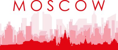 MOSCOW, RUSSIA 'nın kırmızı saydam arka plan binalarıyla kırmızı panoramik şehir silueti posteri