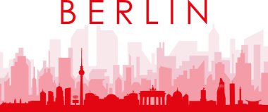 BERLIN, GERMANY 'nin kırmızı saydam arka plan binalarıyla kırmızı panoramik şehir silueti posteri