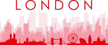 Kırmızı panoramik şehir silueti afişi. LONDON, UNITED KINGDOM 'un kırmızımsı saydam arka plan binaları.
