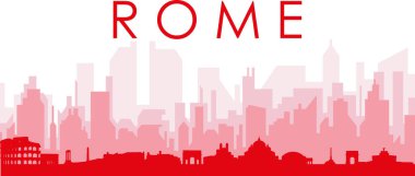 Kırmızı panoramik şehir silueti posteri, Roma, İtalya 'nın kırmızımsı şeffaf arka plan binaları