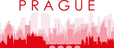 PRAGUE, CZECH REPUBLIC 'in kırmızımsı şeffaf arka plan binalarıyla kırmızı panoramik şehir silueti posteri