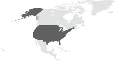 Koyu gri, açık gri Kuzey Amerika kıtasının silindirik projeksiyonunu kullanarak saydam arkaplan üzerinde Birleşmiş Devletlerin politik haritasını ayrıntılı olarak verdi.