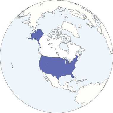 Beyaz Kuzey Amerika kıtasının ortografik projeksiyonunu kullanarak açık mavi okyanus yüzeyine sahip Birleşik Devletler 'in mavi boş politik haritası.