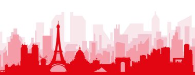 Kırmızı panoramik şehir silueti posterinde PARIS, FRANCE 'ın kırmızımsı şeffaf arka plan binaları var