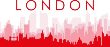 Kırmızı panoramik şehir silueti afişi. LONDON, UNITED KINGDOM 'un kırmızımsı saydam arka plan binaları.