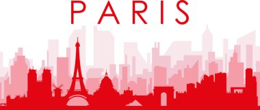Kırmızı panoramik şehir silueti posterinde PARIS, FRANCE 'ın kırmızımsı şeffaf arka plan binaları var