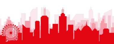 MELBOURNE, AUSTRALIA 'nın kırmızımsı saydam arka plan binalarıyla kırmızı panoramik şehir silueti posteri