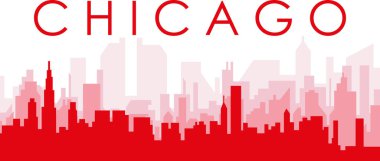 Kırmızı panoramik şehir silueti afişi, Şikago 'nun kırmızı, şeffaf arka plan binaları, Birleşik Devletler