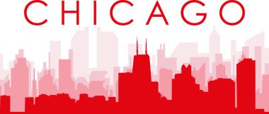 Kırmızı panoramik şehir silueti afişi, Şikago 'nun kırmızı, şeffaf arka plan binaları, Birleşik Devletler