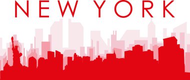Kırmızı panoramik şehir silueti posteri, New York, Birleşik Devletler 'in kırmızı, şeffaf arka plan binaları
