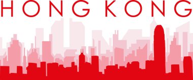 Kırmızı panoramik şehir silueti posteri, Hong KONG, ÇİN 'in kırmızı, şeffaf arka plan binaları.