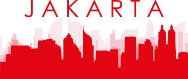 Kırmızı panoramik şehir gökyüzü posteri. JAKARTA, INDONESIA 'nın kırmızımsı saydam arka plan binaları.