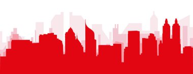 Kırmızı panoramik şehir gökyüzü posteri. JAKARTA, INDONESIA 'nın kırmızımsı saydam arka plan binaları.