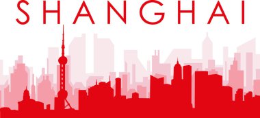 ŞANGHAI, ÇİN 'İN kırmızı panoramik şehir silueti posterleri ve kırmızımsı saydam arka plan binaları