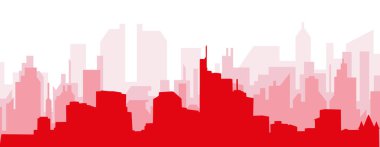 FRANKFURT, GERMANY 'nin kırmızımsı saydam arka plan binalarıyla kırmızı panoramik şehir silueti posteri
