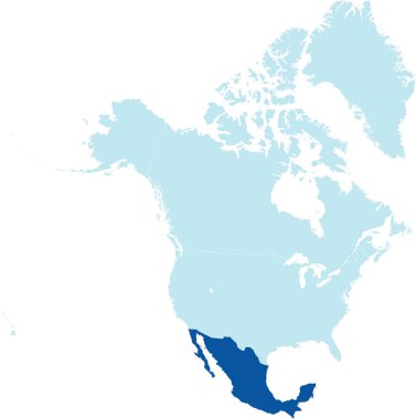 Koyu mavi, açık mavi Kuzey Amerika kıtasının ortografik projeksiyonunu kullanarak saydam arkaplan üzerinde MEXICO 'nun ayrıntılı boş siyasi haritası
