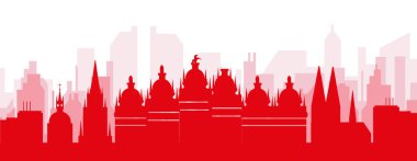 ANTWERP, BELGIUM 'un kırmızımsı saydam arka plan binalarıyla kırmızı panoramik şehir silueti posteri