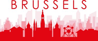 BRÜKSEL, BELGIUM 'İN kırmızı panoramik şehir silueti posterleri ve kırmızı saydam arka plan binaları