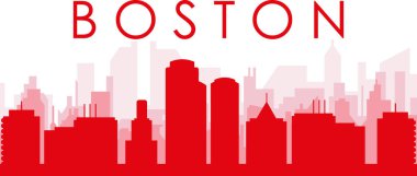 BOSTON, BİRLİK DEVLETLER 'in kırmızımsı şeffaf arka plan binalarıyla kırmızı panoramik şehir silueti posteri