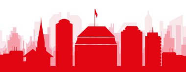 BONN, GERMANY 'nin kırmızı saydam arka plan binalarıyla kırmızı panoramik şehir silueti posteri