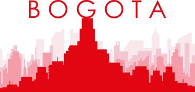 BOGOTA, COLOMBIA 'nın kırmızımsı saydam arka plan binalarıyla kırmızı panoramik şehir silueti posteri