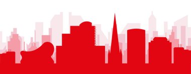 Kırmızı panoramik şehir silueti posteri. KIRMINGHAM, UNITED KINGDOM 'un kırmızı, şeffaf arka plan binaları.
