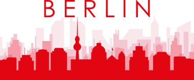 BERLIN, GERMANY 'nin kırmızı saydam arka plan binalarıyla kırmızı panoramik şehir silueti posteri