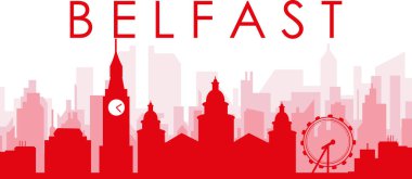 BELFAST, IRELAND 'ın kırmızı saydam arka plan binalarıyla kırmızı panoramik şehir silueti posteri
