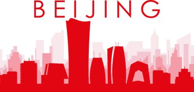 Kırmızı panoramik şehir silueti posterleri ve BEIJING, ÇİN 'in kırmızımsı saydam arka plan binaları