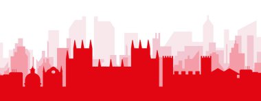 Kırmızı panoramik şehir silueti posteri. CANTERBURY, UNITED KINGDOM 'un kırmızı, şeffaf arka plan binaları.