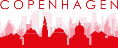 COPENHAGEN, DENMARK Kırmızı panoramik şehir siluet posterleri ve kırmızı saydam arka plan binaları
