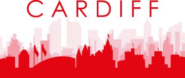 CARDIFF, UNITED KINGDOM 'un kırmızımsı şeffaf arka plan binalarıyla kırmızı panoramik şehir silueti posteri
