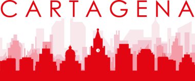 Kırmızı panoramik şehir gökyüzü posteri. CARTAGENA, COLOMBIA 'nın kırmızımsı saydam arka plan binaları.