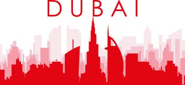 Dubai 'nin kırmızı panoramik şehir silueti posterleri, Birleşik ARAB EMIRATES' in kırmızı saydam arka plan binaları