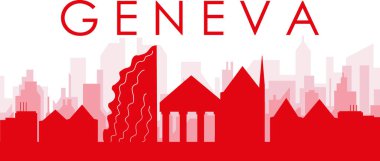 Kırmızı panoramik şehir silueti posteri. GENEVA, SWitzERLAND 'ın kırmızı saydam arka plan binaları.