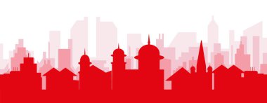 GALway, IRELAND 'ın kırmızı saydam arka plan binalarıyla kırmızı panoramik şehir silueti posteri