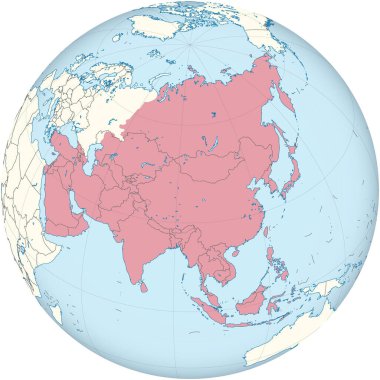 Küre içinde vurgulanan ortografik projeksiyon kullanılarak siyah ülke sınırları olan ASIA 'nın kırmızı detaylı boş siyasi haritası