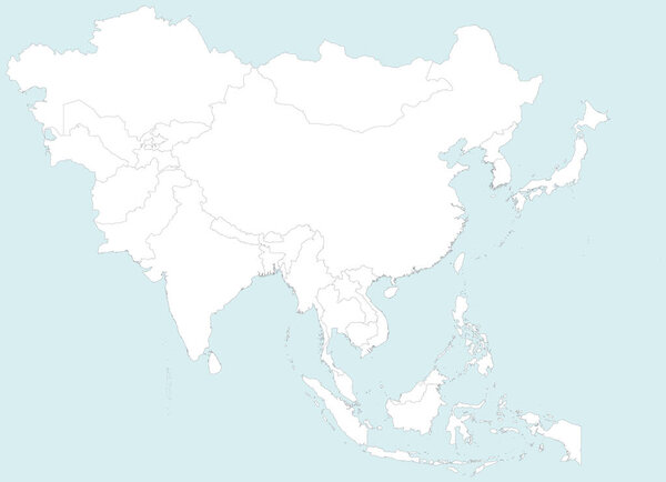 Белая детальная чистая политическая карта АЗИИ с черными границами страны с использованием орфографической проекции на синем фоне, без Ближнего Востока