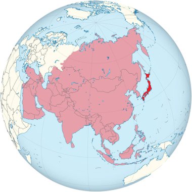 Japonların kırmızı haritası işaretlenmiş kırmızı içinde... Asya 'nın detaylı politik haritası... Globe' un ortografik yansıması kullanılarak