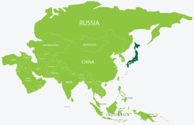 Açık mavi arkaplan üzerinde ortografik projeksiyon kullanarak açık yeşil Asya haritası içinde Japonların vurgulanmış yeşil haritası