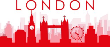Kırmızı panoramik şehir silueti afişi. LONDON, UNITED KINGDOM 'un kırmızımsı saydam arka plan binaları.