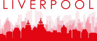 LIVERPOOL, UNITED KINGDOM 'un kırmızımsı şeffaf arka plan binalarıyla kırmızı panoramik şehir silueti posteri
