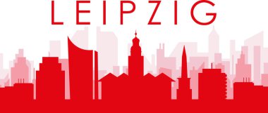 LEIPZIG, GERMANY 'nin kırmızı saydam arka plan binalarıyla kırmızı panoramik şehir silueti posteri
