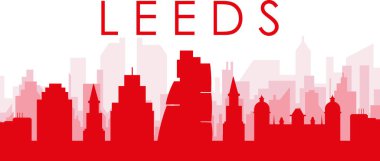 Kırmızı panoramik şehir gökyüzü posteri, kırmızımsı saydam arka plan binaları, LEEDS, UNITED KINGDOM